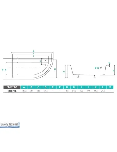 PMD PIRAMIDA Praktika wanna asymetryczna 140x70 WAP-140-P/L