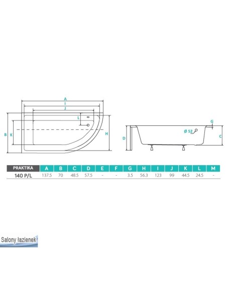 PMD PIRAMIDA Praktika wanna asymetryczna 140x70 WAP-140-P/L