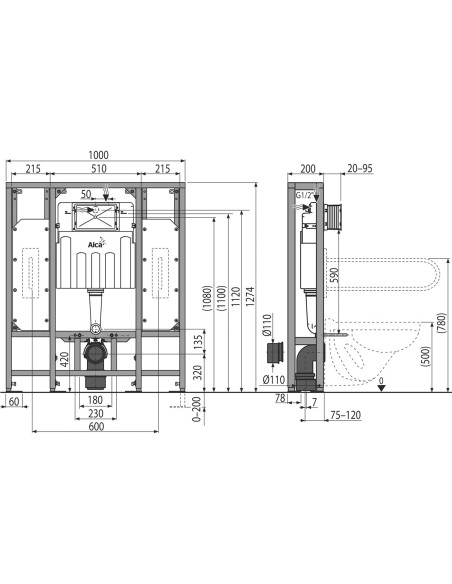 Alcaplast Solomodul– Podtynkowy system instalacyjny do suchej zabudowy (wolno stojący) - dla osób niepełnosprawnych AM116/1300H