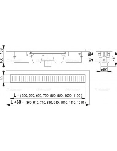 ALCAPLAST Odpływ podłogowy z obramowaniem do pełnego rusztu, odpływ pionowy APZ1001-300