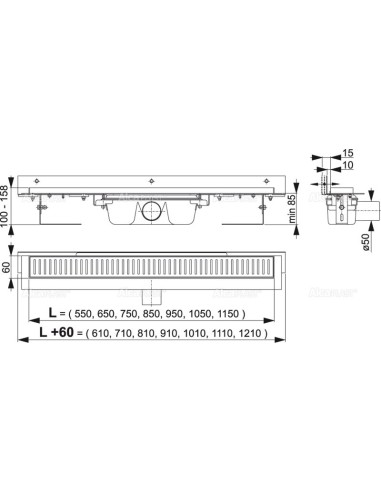 ALCAPLAST Odpływ podłogowy z obramowaniem do perforowanego rusztu i nastawnym kołnierzem do ściany APZ4 Flexible 950