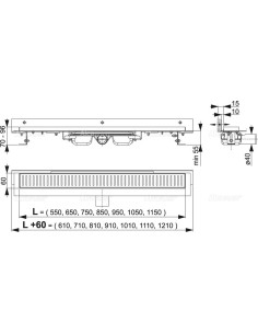 ALCAPLAST Odpływ podłogowy z obramowaniem do perforowanego rusztu i nastawnym kołnierzem do ściany APZ104 Flexible Low 650 2