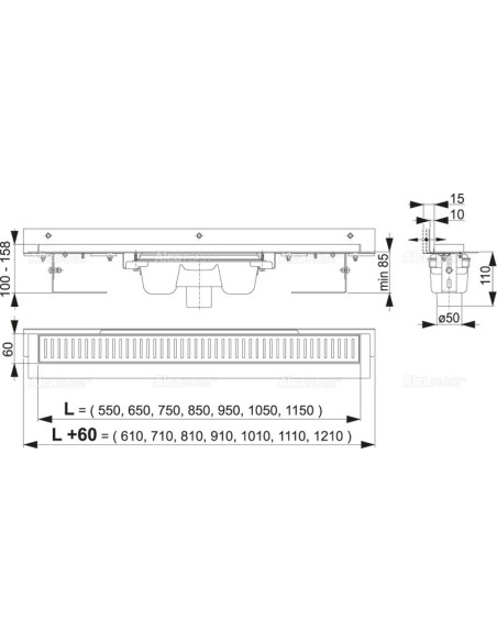 ALCAPLAST Odpływ podłogowy z obramowaniem do rusztu i nastawnym kołnierzem do ściany, odpływ pionowy Flexible APZ1004-850
