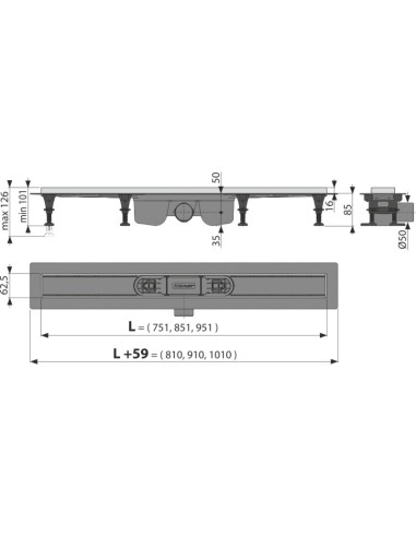 ALCAPLAST Odpływ podłogowy z obramowaniem do perforowanego rusztu i nastawnym kołnierzem do ściany Flexible APZ4-750