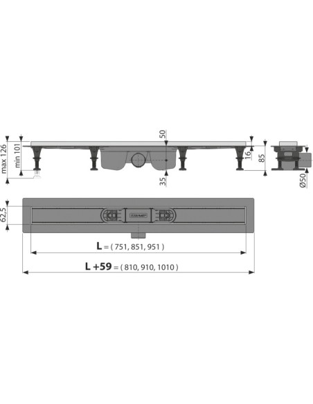 ALCAPLAST Odpływ podłogowy z obramowaniem do perforowanego rusztu i nastawnym kołnierzem do ściany Flexible APZ4-750