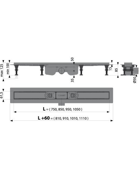 ALCAPLAST Optimal - Odpływ podłogowy z nierdzewnym obramowaniem do rusztu perforowanego lub wypełnienia płytką, APZ22-750