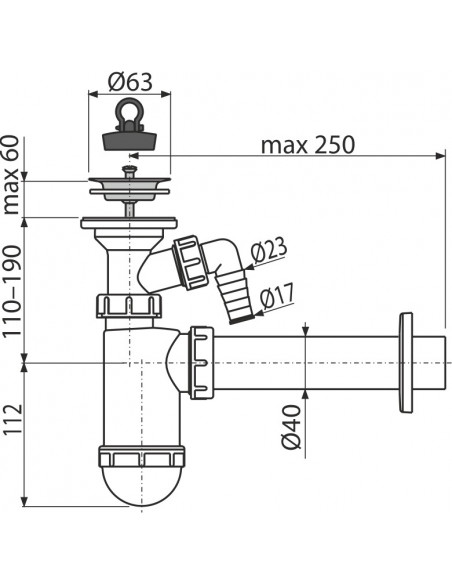 Alcaplast Syfon umywalkowy Ø40 z przyłączem i nierdzewnym sitkiem Ø63, łańcuszek A41PR