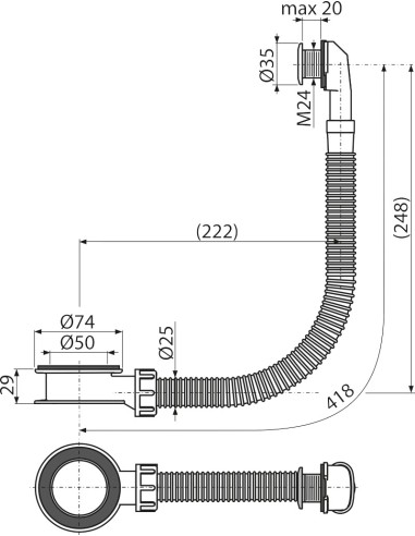 Alcaplast Spust umywalki click/clack 5/4" metalowy z przelewem, duży korek, A390