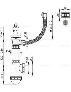 Alcaplast Syfon zlewozmywaka z przelewem, sitko nierdzewne DN70, A444-DN50/40 2