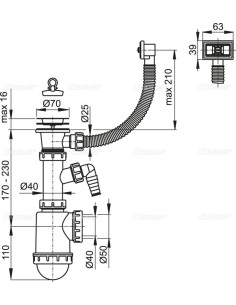 Alcaplast Syfon zlewozmywaka z przelewem i z przyłączem, sitko nierdzewne DN70, A444P-DN50/40 2