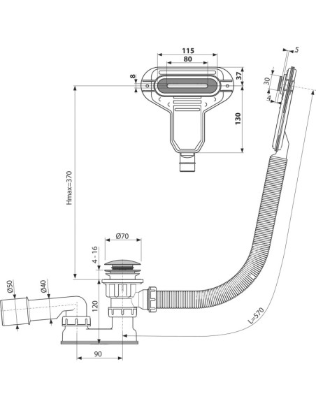 Alcaplast Syfon wannowy, korek CLIK/CLAK z wyjmowanym odpływem i z płaskim przelewem, chrom, A516CKM