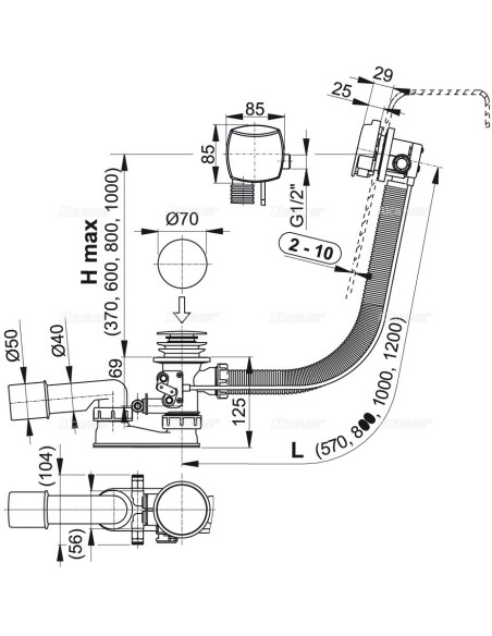 Alcaplast Syfon wannowy z funkcją napełniania przez przelew do wanien grubościennych, chrom, A565CRM1