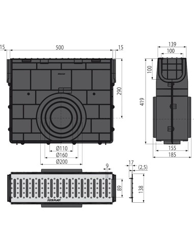 Alcaplast Odwodnienie zewnętrzne studzienka dla AVZ101 bez oramowania, ocynkowany ruszt, profil "T" (A15), AVZ101R-R101S