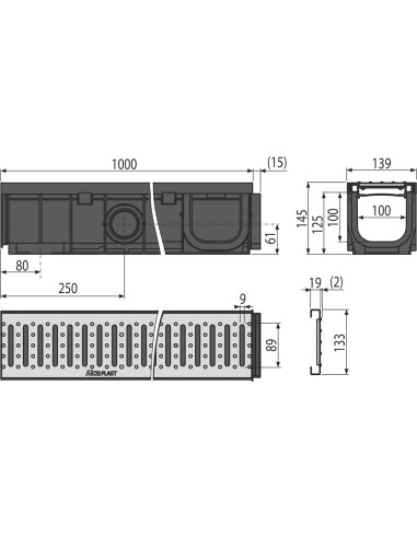 Alcaplast Odwodnienie zewnętrzne 100 mm bez obramowania, ocynkowany ruszt, profil "T"(A15), AVZ101-R101