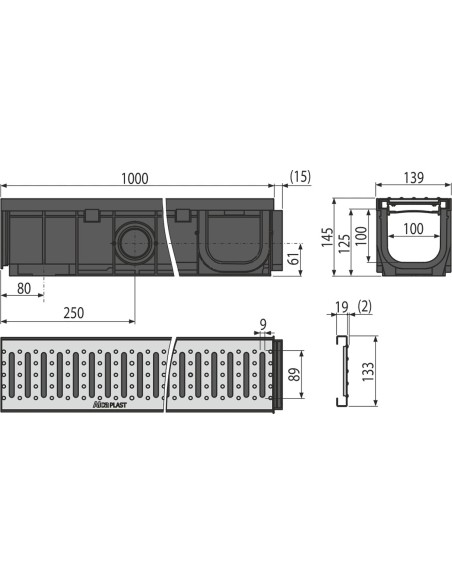 Alcaplast Odwodnienie zewnętrzne 100 mm bez obramowania, ocynkowany ruszt, profil "T"(A15), AVZ101-R101