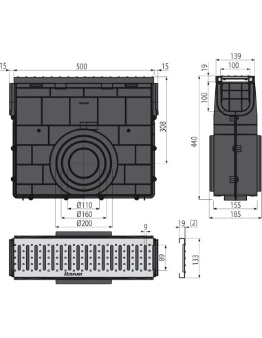 Alcaplast Odwodnienie zewnętrzne studzienka dla AVZ101 bez oramowania, ocynkowany ruszt, profil "T" (A15), AVZ101R-R101S