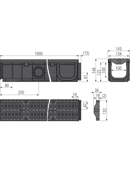 Alcaplast Odwodnienie zewnętrzne 100 mm z obramowaniem z tworzywa, ruszt ocynkowany, profil "C" (A15), AVZ102-R102