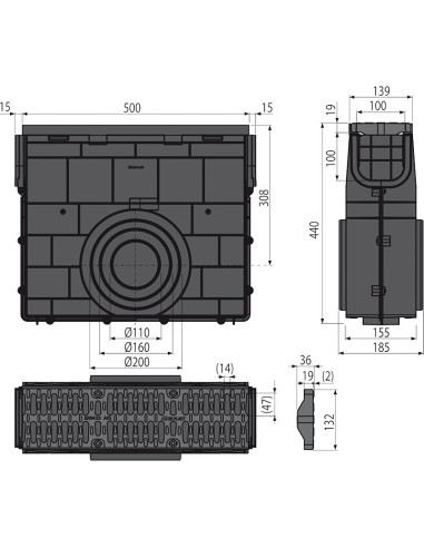 Alcaplast Odwodnienie zewnętrzne studzienka dla AVZ102 z obramowaniem z tworzywa, ruszt oc., profil "C" (A15), AVZ102R-R102S
