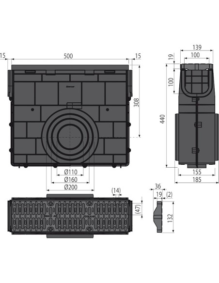 Alcaplast Odwodnienie zewnętrzne studzienka dla AVZ102 z obramowaniem z tworzywa, ruszt oc., profil "C" (A15), AVZ102R-R102S