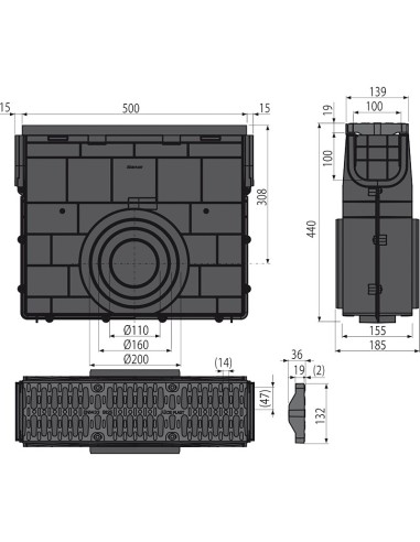 Alcaplast Odwodnienie zewnętrzne studzienka dla AVZ104 z obramowaniem z tworzywa, ruszt z tworzywa (A15), AVZ104R-R401