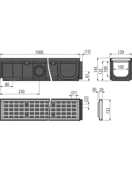 Alcaplast Odwodnienie zewnętrzne 100 mm z obramowaniem z tworzywa, ruszt kompozytowy (B125), AVZ104-R402