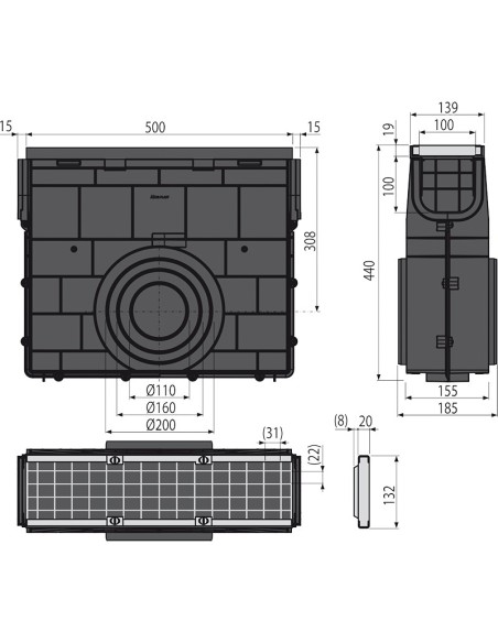 Alcaplast Odwodnienie zewnętrzne studzienka dla AVZ104 z obramowaniem z tworzywa, ruszt kompozytowy (B125), AVZ104R-R402