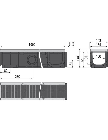 Alcaplast Odwodnienie zewnętrzne 100 mm z obramowaniem metalowym, ruszt żeliwny (C250), AVZ103-R202