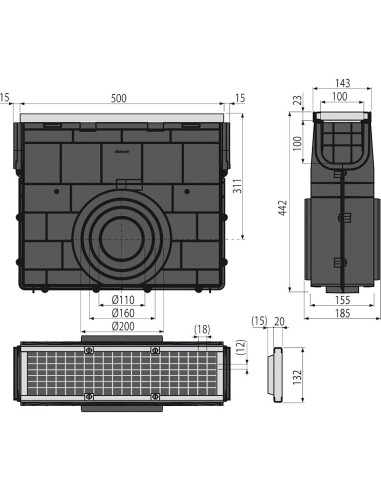 Alcaplast Odwodnienie zewnętrzne studzienka dla AVZ103 z obramowaniem metalowym, ruszt żeliwny (C250), AVZ103R-R202