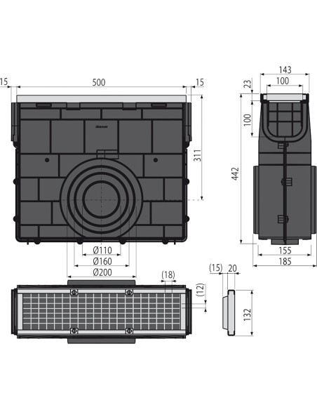Alcaplast Odwodnienie zewnętrzne studzienka dla AVZ103 z obramowaniem metalowym, ruszt żeliwny (C250), AVZ103R-R202