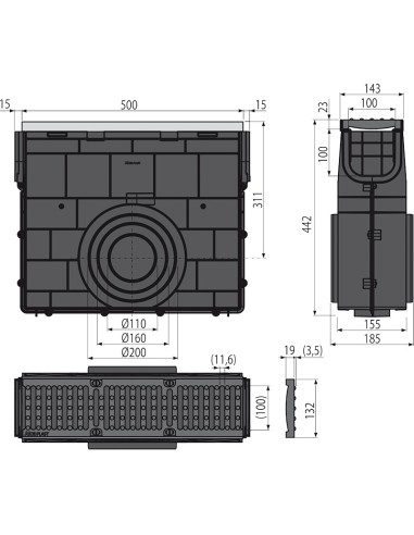 Alcaplast Odwodnienie zewnętrzne studzienka dla AVZ103 z obramowaniem metalowym, ruszt ocynkowany (C250), AVZ103R-R104S