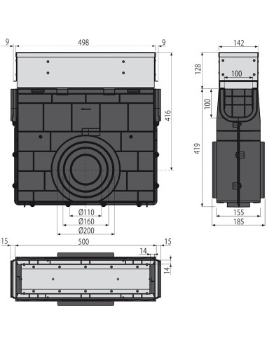 Alcaplast Odwodnienie zewnętrzne szczelinowe studzienka z rewizją do rusztu asymetrycznego 100 mm, stal nierdz,, AVZ101R-R321R