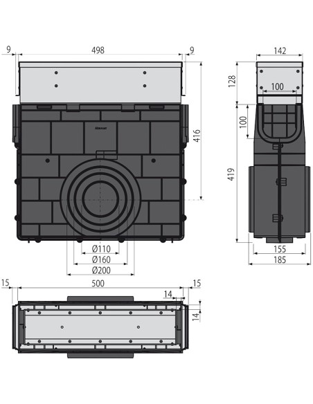 Alcaplast Odwodnienie zewnętrzne szczelinowe studzienka z rewizją do rusztu asymetrycznego 100 mm, stal nierdz,, AVZ101R-R321R
