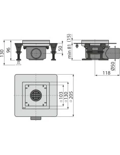 Alcaplast Kratka ściekowa nierdzewna obniżona 130x130 mm, odpływ boczny, bez kratki, syfon mokry, APV120 2