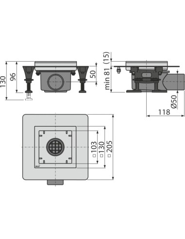 Alcaplast Kratka ściekowa nierdzewna obniżona 130x130 mm, odpływ boczny, bez kratki, syfon mokry, APV120