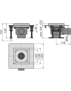 Alcaplast Kratka ściekowa nierdzewna obniżona 130x130 mm, odpływ boczny, bez kratki, syfon mokry, APV120 2