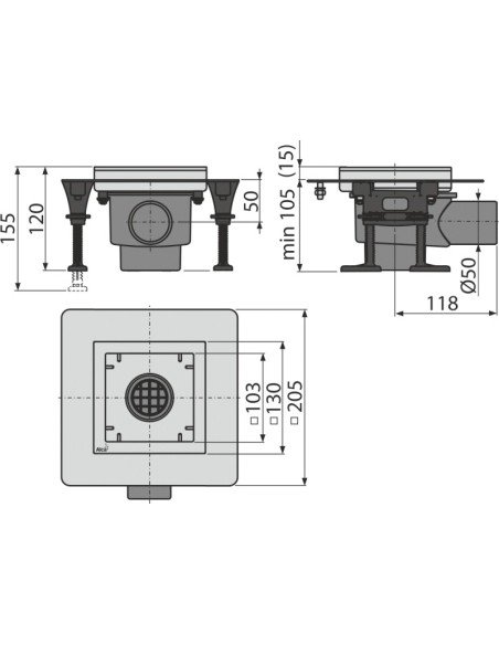 Alcaplast Kratka ściekowa nierdzewna obniżona 130x130 mm, odpływ boczny, bez kratki, syfon mokry, APV120