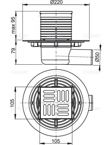 Alcaplast Kratka ściekowa 105 × 105/50 odpływ boczny, nierdzewna APV101