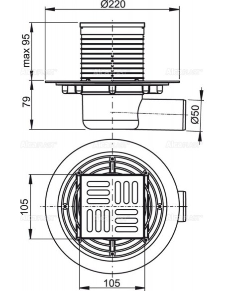 Alcaplast Kratka ściekowa 105 × 105/50 odpływ boczny, nierdzewna APV101