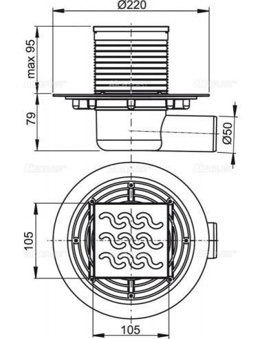 Alcaplast Kratka ściekowa 105 × 105/50 odpływ boczny, nierdzewna APV102