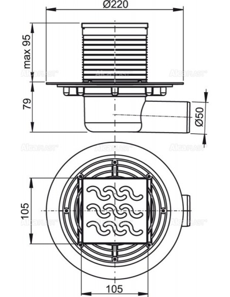 Alcaplast Kratka ściekowa 105 × 105/50 odpływ boczny, nierdzewna APV102