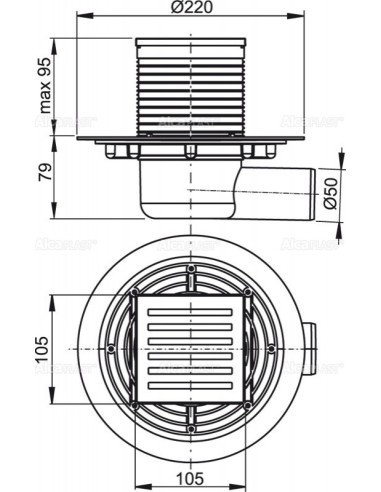 Alcaplast Kratka ściekowa 105 × 105/50 odpływ boczny, nierdzewna APV103