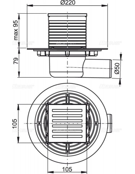 Alcaplast Kratka ściekowa 105 × 105/50 odpływ boczny, nierdzewna APV103