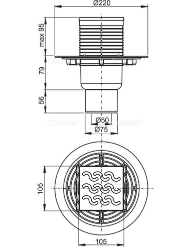 Alcaplast Kratka ściekowa 105 × 105/50 odpływ prosty, nierdzewna APV202