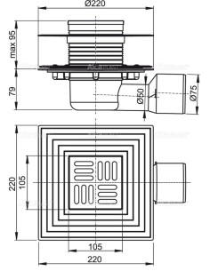 Alcaplast Kratka ściekowa 105x105/50/75 mm, odpływ boczny, kratka i kołnierz nierdzewny, syfon mokro-suchy, APV3344 2