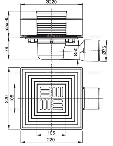 Alcaplast Kratka ściekowa 105x105/50/75 mm, odpływ boczny, kratka i kołnierz nierdzewny, syfon mokro-suchy, APV3344