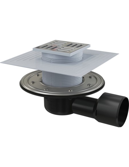 Alcaplast Kratka ściekowa 105x105/50/75 mm, odpływ boczny, kratka i kołnierz nierdzewny, syfon mokro-suchy, APV3344