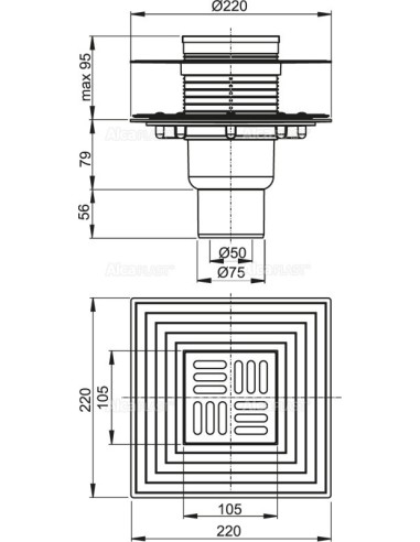Alcaplast Kratka ściekowa 105x105/50/75 mm, odpływ pionowy, kratka i kołnierz nierdzewny, syfon mokro-suchy, APV4344