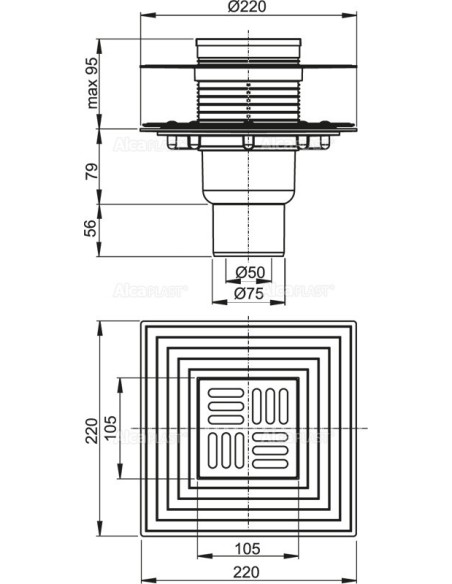 Alcaplast Kratka ściekowa 105x105/50/75 mm, odpływ pionowy, kratka i kołnierz nierdzewny, syfon mokro-suchy, APV4344