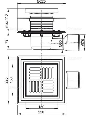 Alcaplast Kratka ściekowa 150x150/50/75 mm, odpływ boczny, kratka i kołnierz nierdzewny, syfon mokro-suchy, APV3444