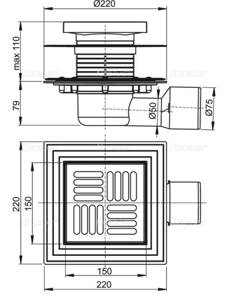 Alcaplast Kratka ściekowa 150x150/50/75 mm, odpływ boczny, kratka i kołnierz nierdzewny, syfon mokro-suchy, APV3444